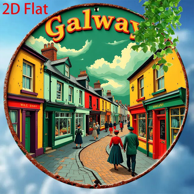 Potdemiel Retro Rundes Aluminium-Blechschild Galway Street Scene Vintage Wandkunst, B/H: 20,32 x 20,32 cm, Mehrfarbig - Bild 1