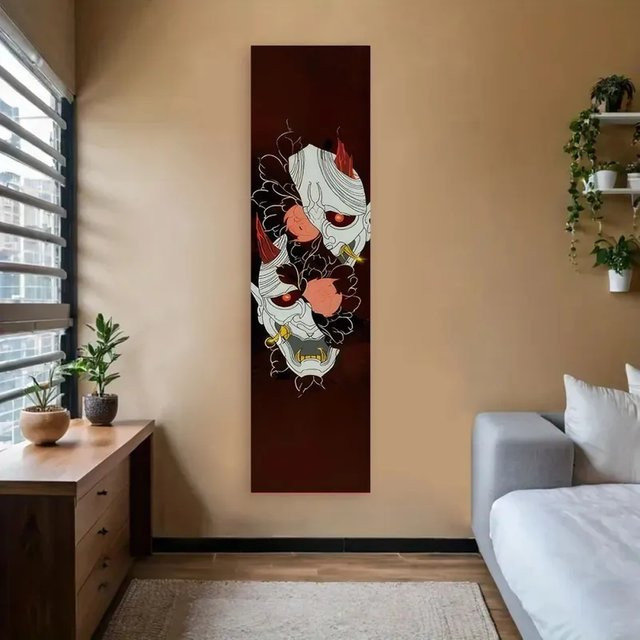 VIKAMA Japanische Hannya-Masken Wandteppich in Multicolour, vertikaler Anime-Dämon Wandbehang für dein Schlafzimmer und Wohnzimmer, Breite: 40 cm, Höhe: 150 cm - Bild 1