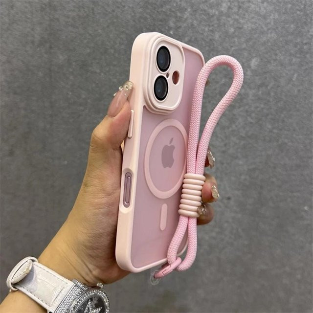 MagSafe Handyhülle mit Kontrast-Lanyard und Handgelenkschlaufe für iPhone 17 Pro 16 15 Pro Max 14 13 12 11, matt und transparent, Rosa - Bild 1