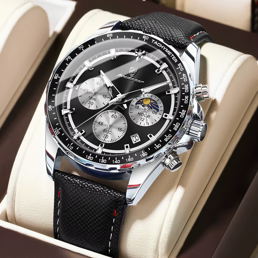 POEDAGAR Armbanduhr Chronograph, Quarz, Leder, Schwarz, Herren - Bild 2