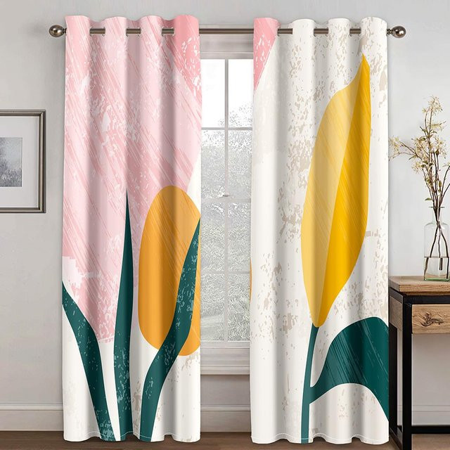 Yiran Furniture Boho Fenster Vorhang Set mit abstraktem geometrischem Blatt und Sonne Design, Hellgelb, 2 Stück, H x B: 160 x 100 cm - Bild 1