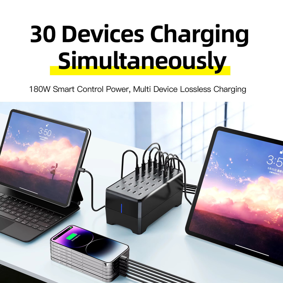 Deepartner 30-Port Typ-C Multi-Port Desktop-Ladegerät mit 100W Gesamtleistung in Schwarz - Bild 1