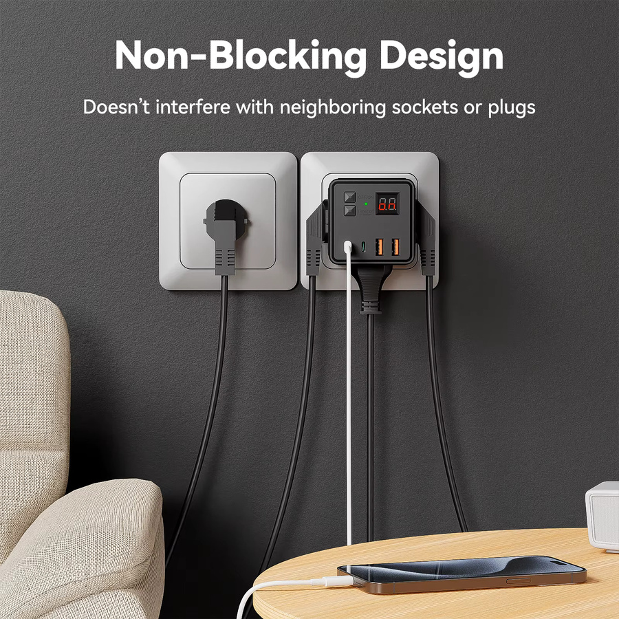 7-in-1 EU Steckdosenleiste mit Überspannungsschutz, 3 AC-Steckdosen, 3 USB-Anschlüsse und 1 USB-C-Anschluss, zeitgesteuerte Desktop-Ladestation in Schwarz oder Weiß - Bild 2
