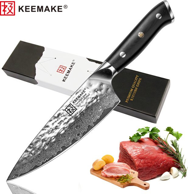 KEEMAKE Gyuto Japanisches Kochmesser aus Damaststahl, 6,5 Zoll, Silber/Rot - Bild 1