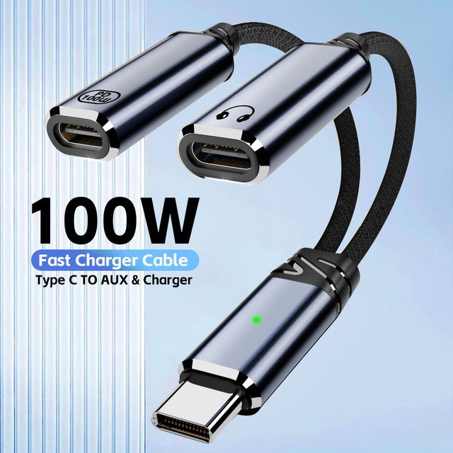 2-in-1 USB-C auf Dual USB-C und 3,5 mm Klinke Adapter mit PD 100W Schnellladefunktion und Audio-Anschluss in Weiß - Bild 1