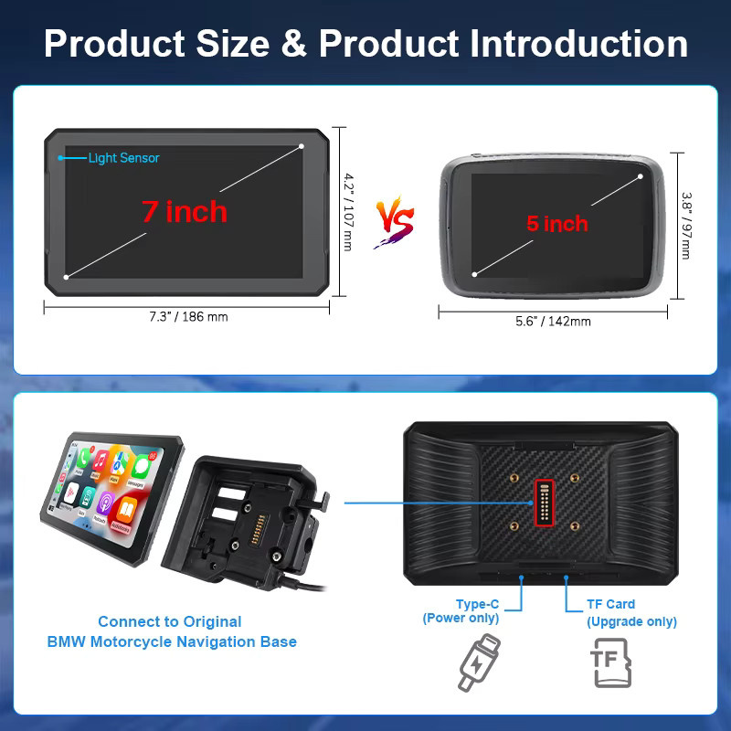 Cogamichi Tragbarer GPS-Motorrad-Navigator für BMW mit kabellosem CarPlay und Android Auto, Bluetooth, IPX7 wasserdicht, 7 Zoll HD IPS Display, Schwarz - Bild 7