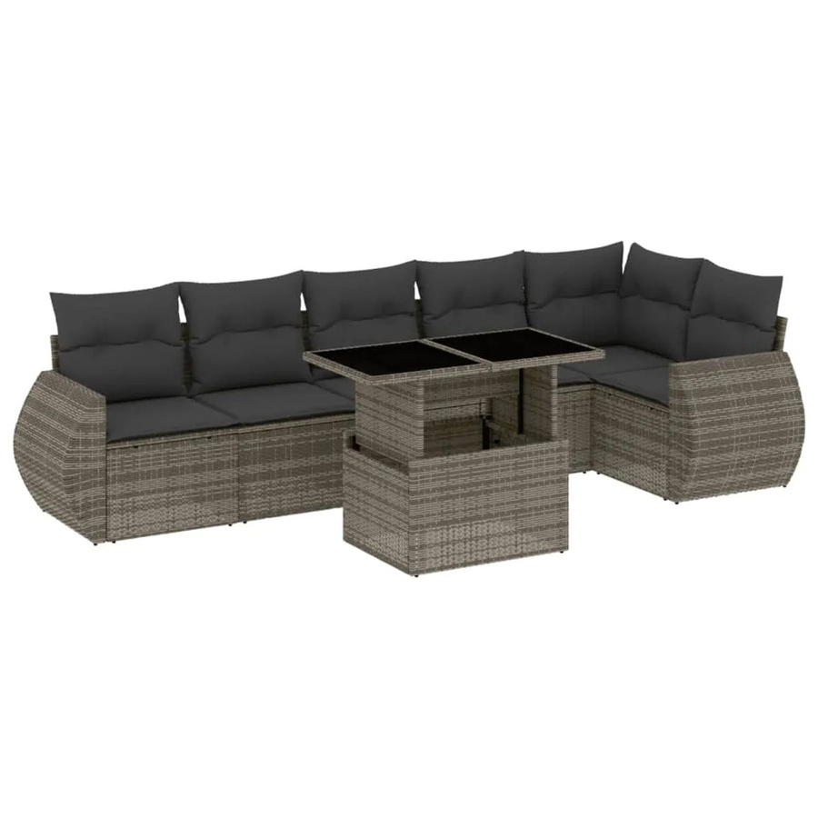 vidaXL 7-tlg. Garten-Sofagarnitur in L-Form aus grauem Poly-Rattan mit Kissen und pulverbeschichtetem Stahlgestell - Bild 2