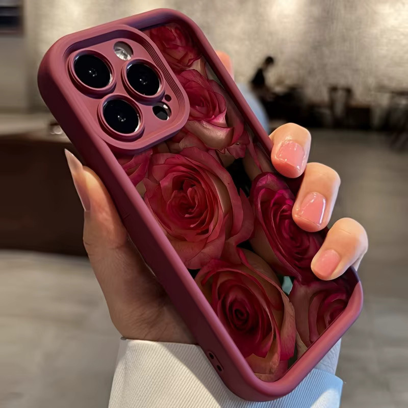 Apple iPhone Handyhülle mit rotem Blumenmuster und High-Edge TPU Anti-Drop Schutz - Bild 3