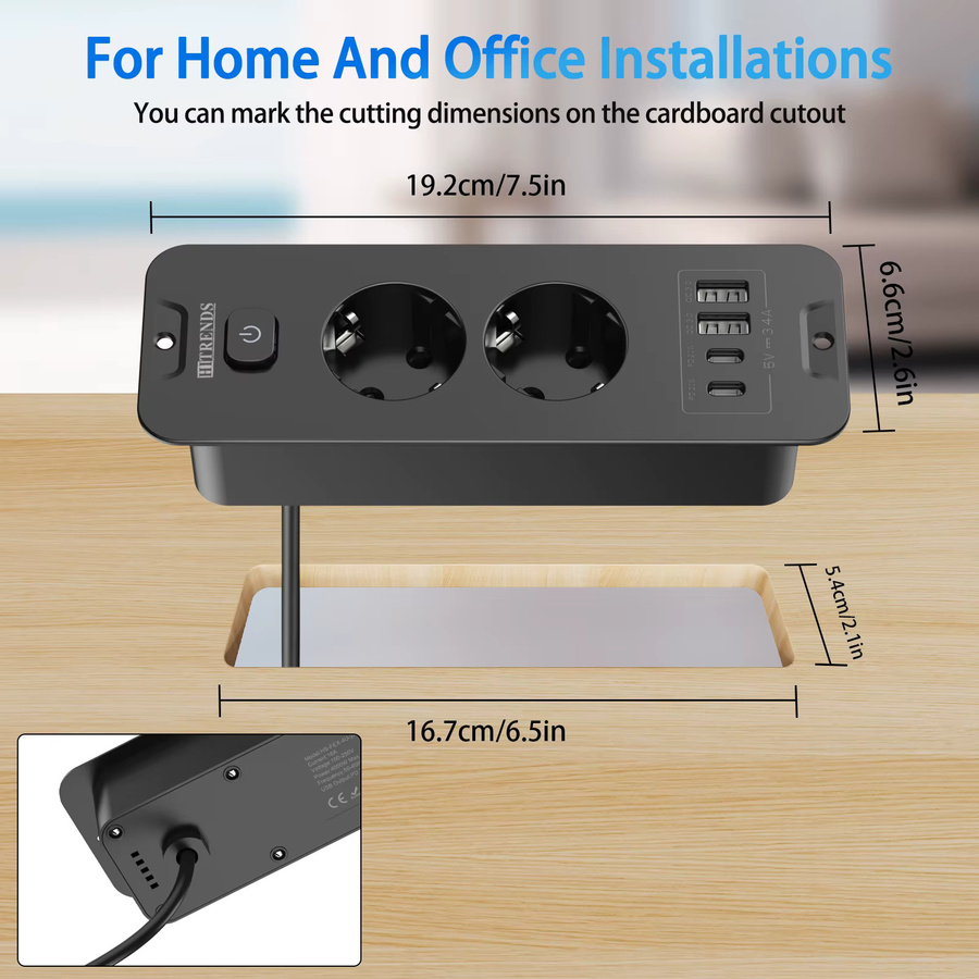 HITRENDS Desktop-Einbau-Steckdosenleiste mit 2/3 AC-Steckdosen, 2 USB-Anschlüssen und 2 USB-Typ-C-Ladeadaptern, 2m Verlängerungskabel, Weiß oder Schwarz - Bild 3