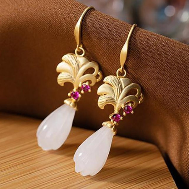 YIRAN Jewelry Ohrringe, Hetian Jade, Magnolie Pflanze, brown, Damen - Bild 1