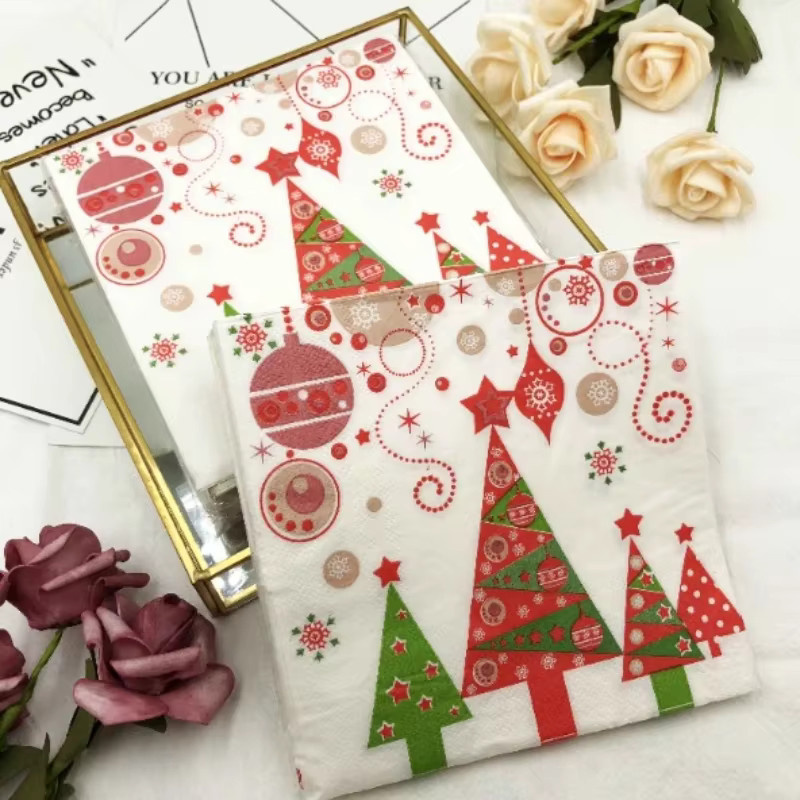 GUANYAO Weihnachtsservietten bunt bedruckt mit Blumenmotiv, quadratische Papierservietten, mehrfarbig - Bild 3