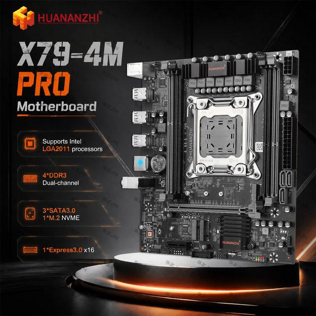 HUANANZHI X79-4M PRO Mainboard LGA2011 für Intel Xeon E5 CPUs, DDR3, bis zu 64GB RAM, M.2 NVMe und USB-C, Schwarz - Bild 1