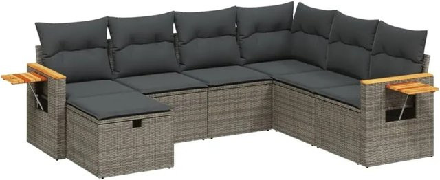 vidaXL 7-teilige Garten-Sofagarnitur aus Poly Rattan in Grau mit Kissen und Ottoman - Bild 1