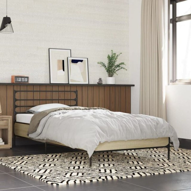 Vidaxl Einzelbett Bettgestell Sonoma-Eiche in Braun aus Holzwerkstoff und Metall B/T/H: 90 x 200 x 203 cm - Bild 1