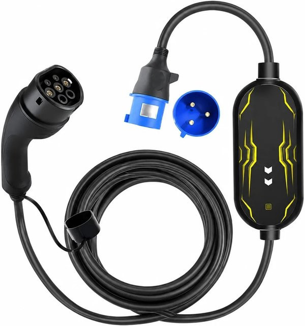 Junsun Tragbare EV Ladestation Typ 2 7kW 1P 32A mit Smart Life App, Wi-Fi und Bluetooth, 6m CEE Stecker, Schwarz/Blau - Bild 1