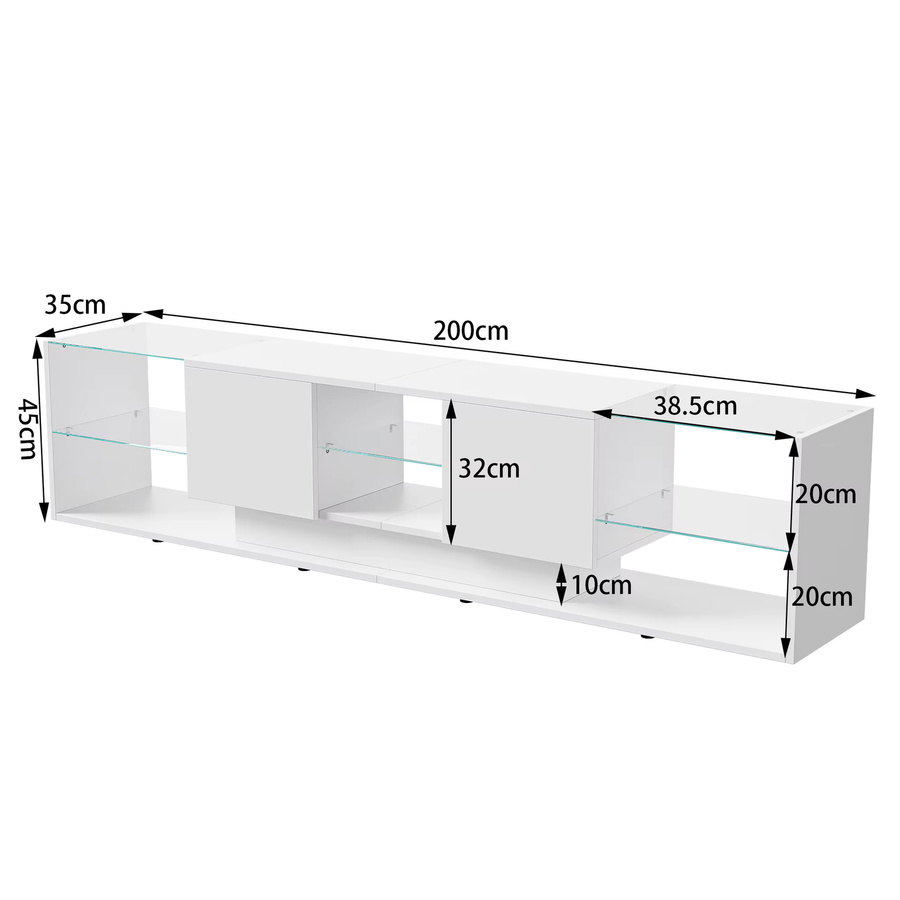 Comanlai LED TV-Ständer in modernem Design mit Hochglanz-Oberfläche, schwebender Wandmontage, integrierter Beleuchtung, 2 Schubladen und 2x3 Glasablagen aus gehärtetem Glas, B/T/H: 200 x 35 x 45 cm - Bild 2