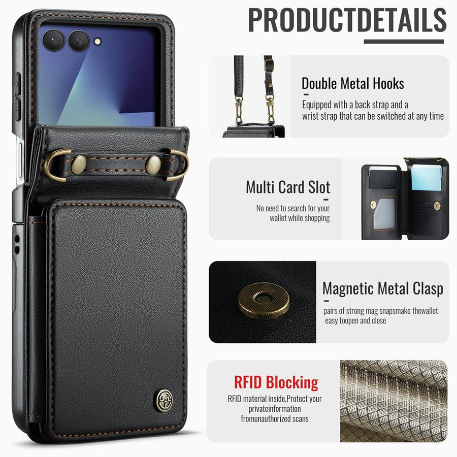 Samsung Galaxy Z Flip 7 Geldbörsen-Handyhülle aus weichem PU-Leder in Schwarz mit Kartensteckplatz, Handschlaufe, Schultergurt und Ständerfunktion - Bild 5