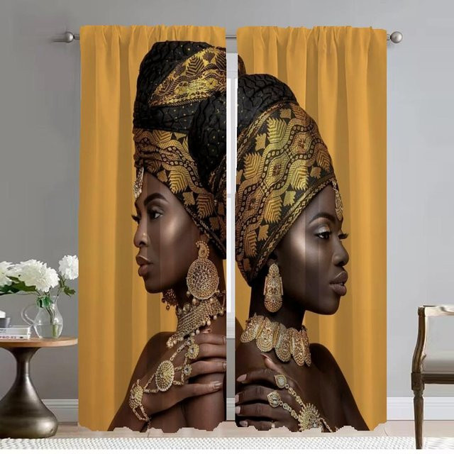 2er-Set Tüllvorhänge mit afrikanischem Damen-Motiv in Schwarz-Gold für Wohnzimmer und Schlafzimmer, Breite: 50 cm, Höhe: 70 cm - Bild 1