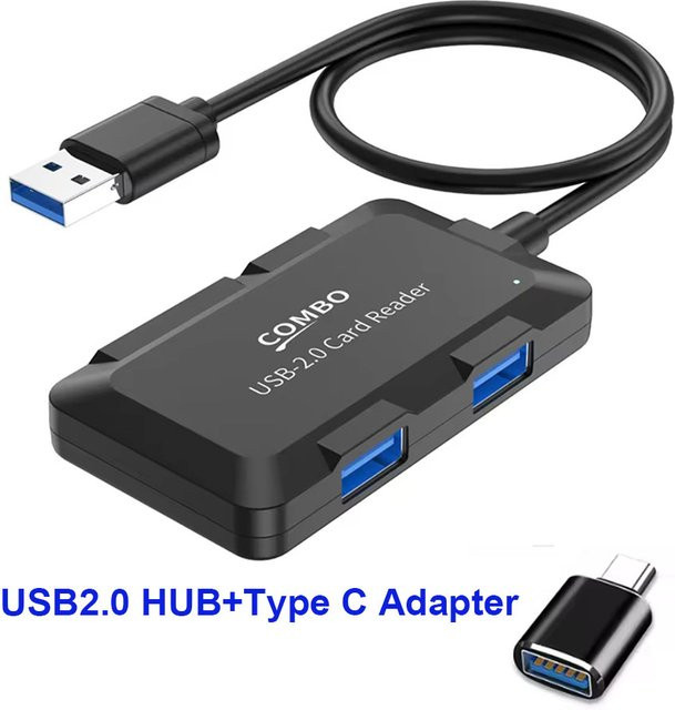 OULLX 5-Port USB 2.0 Hub mit Micro-SD TF Kartenleser und Datenübertragungskabel, USB Kombi Konverter Adapter in Schwarz - Bild 1