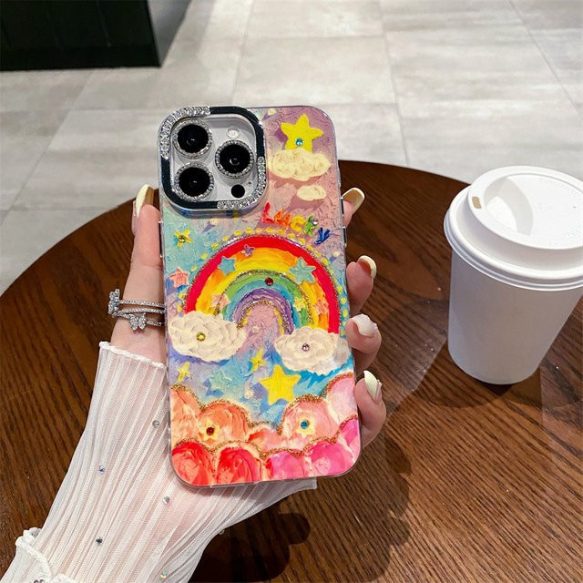 Bunte Regenbogen Diamant Tropfen Handyhülle für iPhone 12 13 14 15 Pro Max mit Glitter und stoßfestem Objektivschutz von MUQGEW in Multicolour - Bild 1