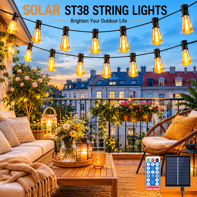 Aiopp ST38 Solar-LED-Lichterkette für den Außenbereich mit Fernbedienung, wasserdicht und bruchsicher, E12-Sockelbirnen, transparente Feenlampe für Garten und Terrasse - Bild 1