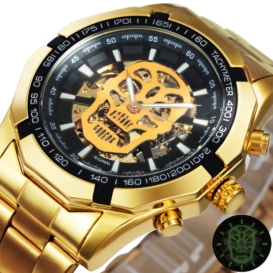 WINNER Sports Armbanduhr, Automatik, Totenkopf-Leuchtzifferblatt, Edelstahl, Herren - Bild 4