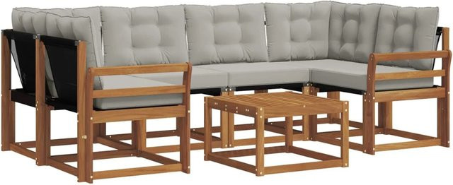 vidaXL Outdoor-Sofagarnitur 7-teilig aus Akazienholz und Textilene in Natur und Hellgrau mit Kissen und Armlehnen - Bild 1