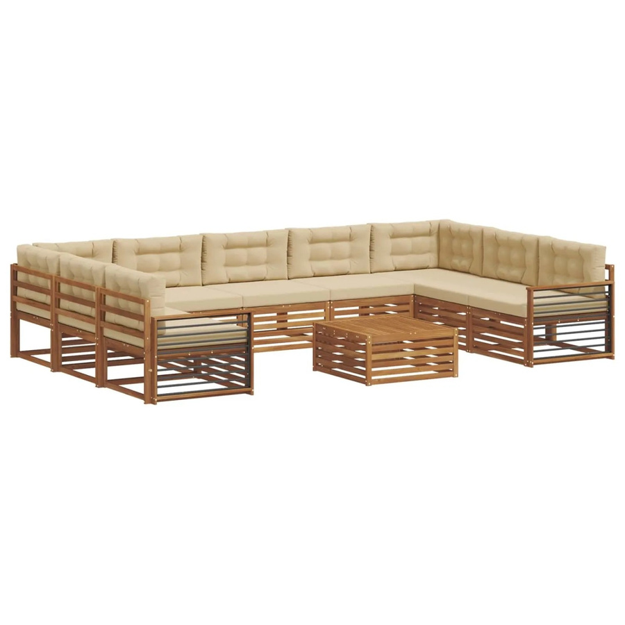 vidaXL Sofagarnitur aus Massivholz Akazie in Natur und Beige, 10-teiliges U-Shape Gartenmöbel-Set mit wetterfesten und abnehmbaren Polstern - Bild 2