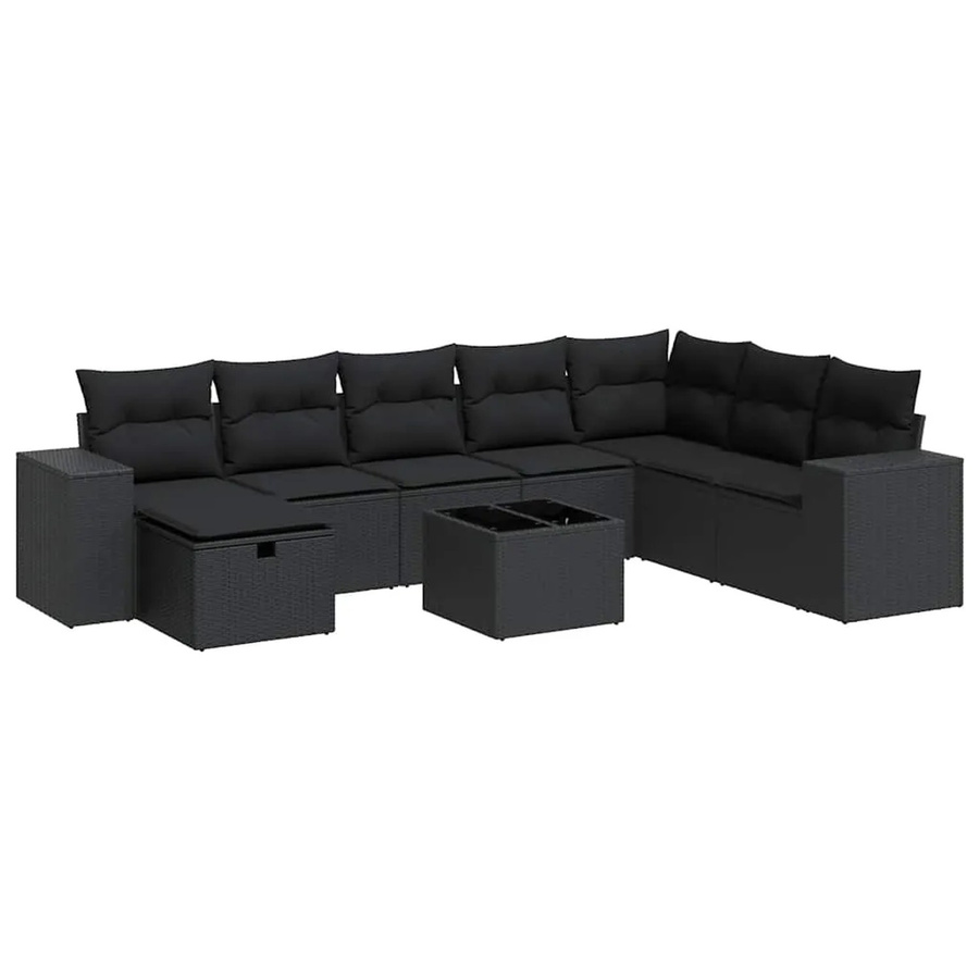 vidaXL 9-tlg. Garten-Sofagarnitur in L-Form aus schwarzem Poly-Rattan mit Kissen und pulverbeschichtetem Stahlgestell - Bild 2