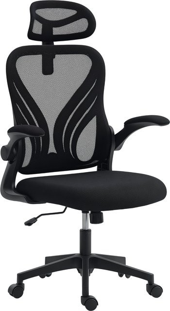 HOMCOM Ergonomischer Bürostuhl mit klappbaren Armlehnen und klappbarer Rückenlehne, Schreibtischstuhl mit Wippfunktion, verstellbare Kopfstütze und Drehsitz, Schwarz - Bild 1
