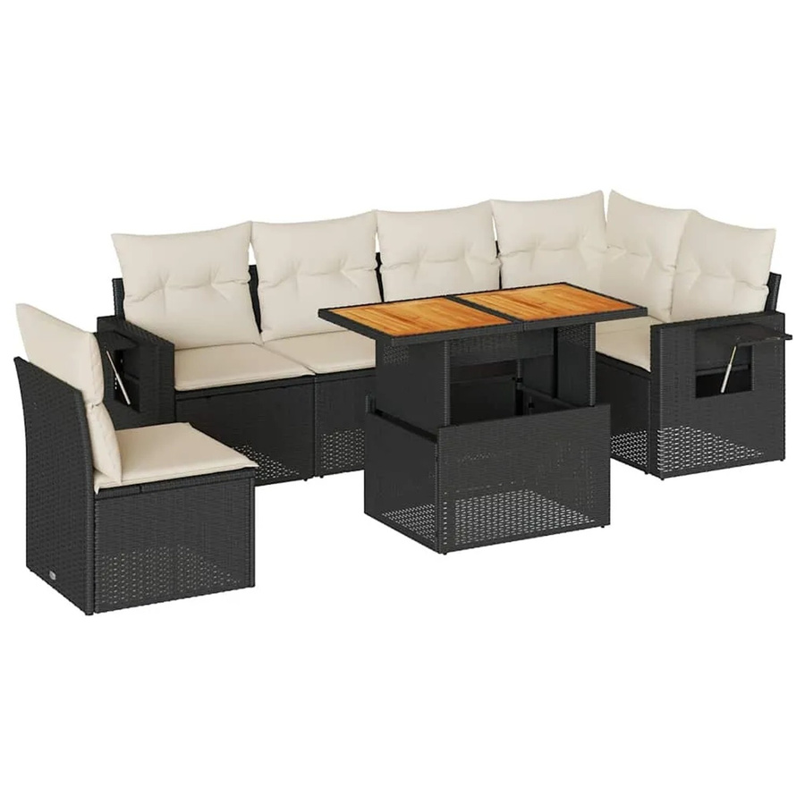 vidaXL 7-teilige Garten-Sofagarnitur in L-Form aus Poly-Rattan und Akazienholz mit Kissen in Schwarz-Creme - Bild 2