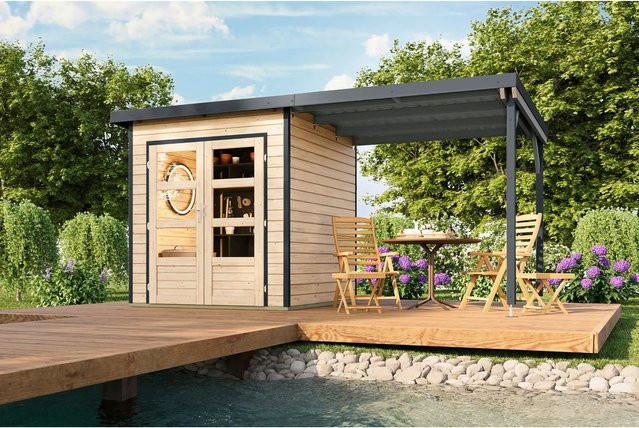 Karibu Gartenhaus Domingo 1 mit Anbaudach in Natur-Anthrazit - Bild 1