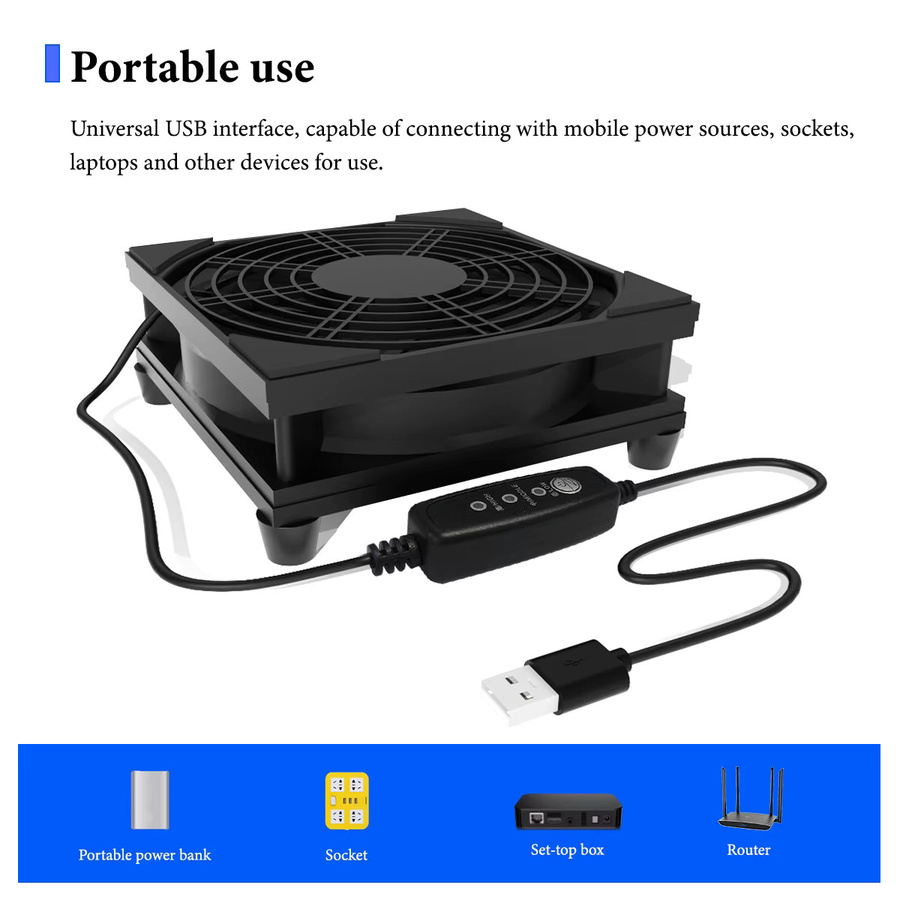 AuyiHomu USB-Router-Lüfter 120mm in Schwarz mit 3 Stufen einstellbarer Kühlung für Modem, TV-Box, PS5 und Xbox via USB-A - Bild 4