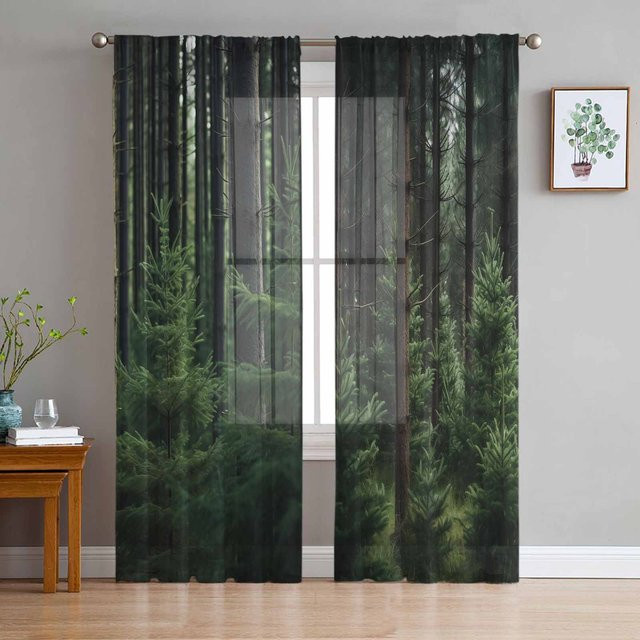 Binchi Outdoor Equipment Chiffon Fenstervorhang Waldbaum Herbst in Grün, transparent, B: 135 cm, H: 137 cm - Bild 1