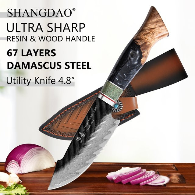 SHANGDAO Damast-Allzweckmesser mit handgeschmiedeter Klinge, Holzgriff und Lederscheide, Multicolour, Länge: 11,9 cm - Bild 1