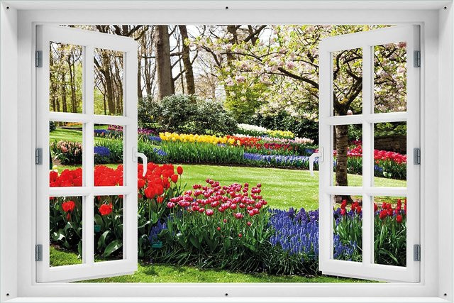 Wallario Gartenposter mit Fenster-Illusion, Bunte Blumen und Kirschbaum im Frühling, Multicolor, Breite: 100 cm, Höhe: 150 cm - Bild 1