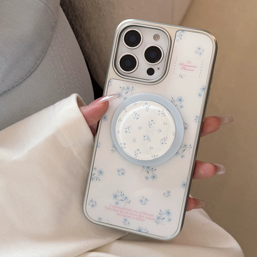 INS Handyhülle mit blauen Blumen und magnetischer Halterung für iPhone 17 16 15 14 13 12 Pro Max, stoßfeste Hartschale mit Silberkanten-Vollbild-Design - Bild 2