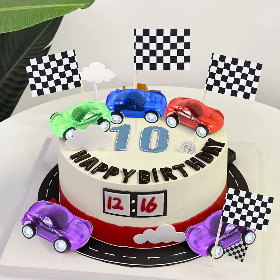 Schwarze Racing Happy Birthday Kuchen Dekoration mit Rennplakette und Flagge für dein Rennthema Geburtstagskuchen-Set - Bild 2