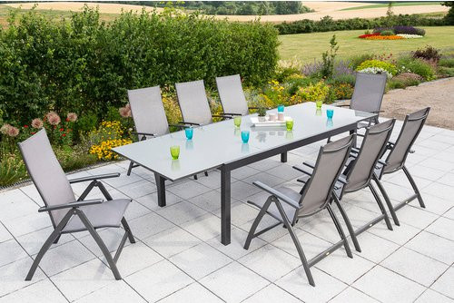 Merxx Gartenmöbelset Vicenza 9-teilig in Braun mit ausziehbarem Tisch aus Aluminium, Textil und Sicherheitsglas - Bild 1
