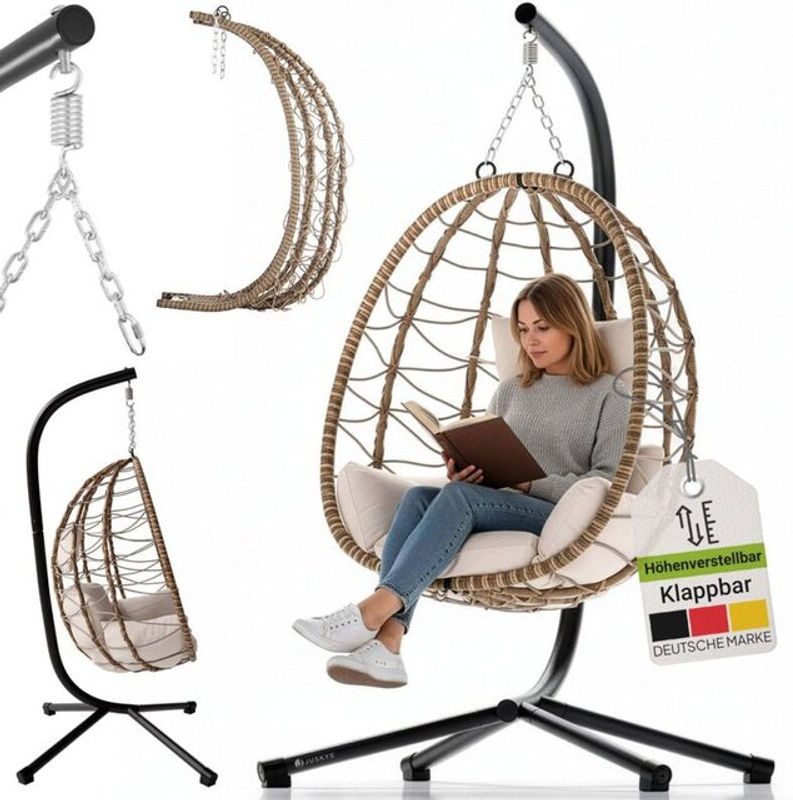 Juskys Korb-Hängesessel Aria in Beige mit höhenverstellbarem Eisengestell aus Polyrattan und Stahl - Bild 2