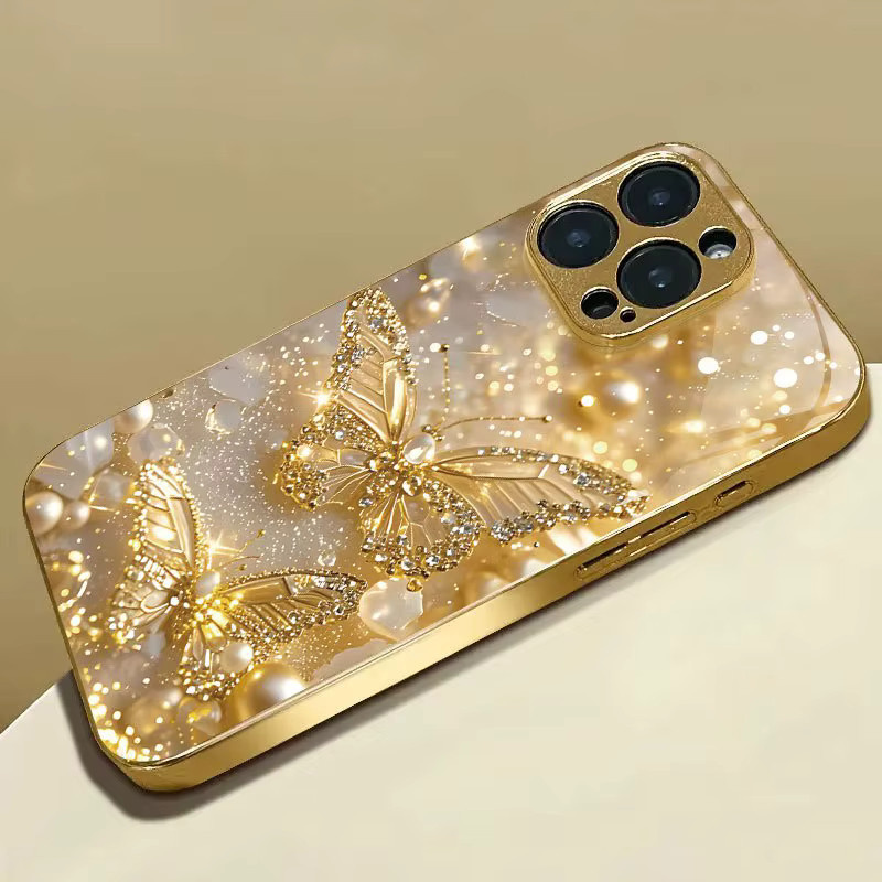 Goldene iPhone Handyhülle aus gehärtetem Glas mit Schmetterlings-Perlenmuster für Apple iPhone 11 bis 17 Pro Max Air Plus - Bild 4