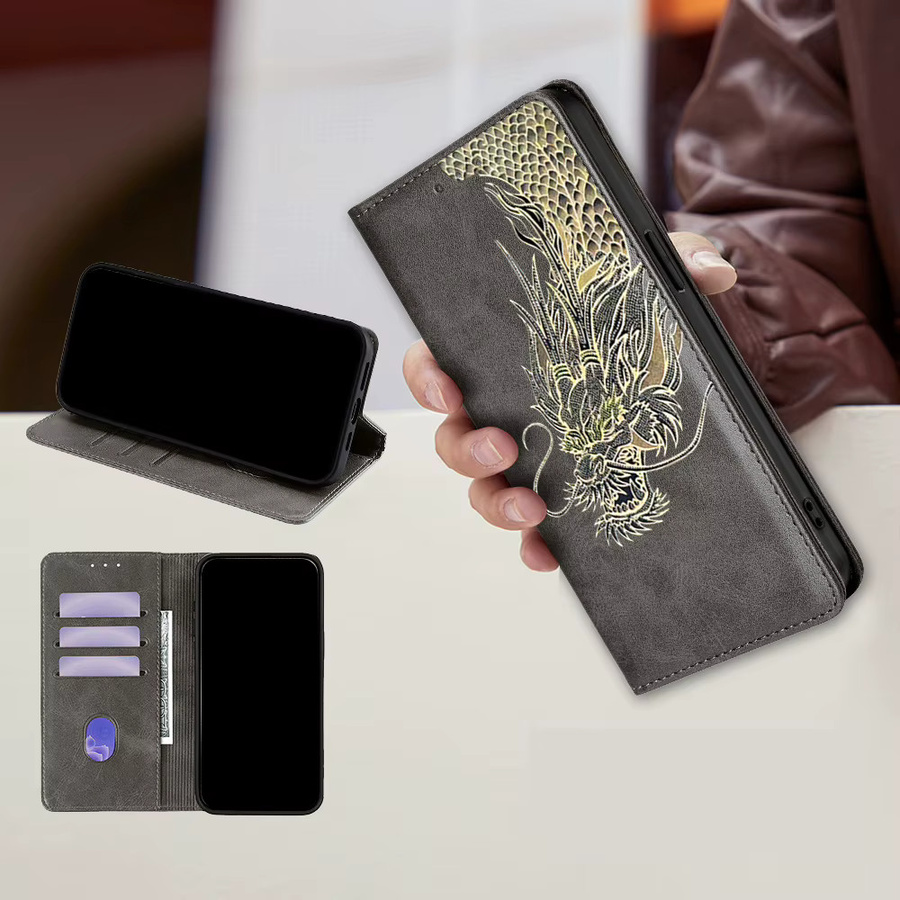 Magnetische Leder Flip Case mit Drachenmuster für Samsung Galaxy M55 M35 M54 M53 M52 M51 M34 M33 M31 M22 C55 in Pink mit Kartensteckplätzen - Bild 3