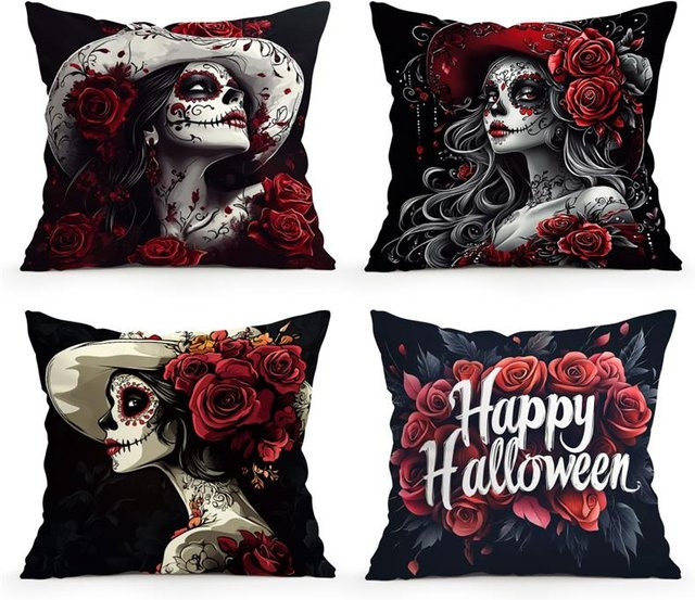 Halloween Kissenbezug mit Skelett-Braut und Totenkopf Motiv in Schwarz, B/B: 18 x 18 cm - Bild 1
