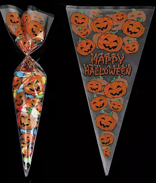 ZYF Halloween Süßigkeiten Taschen, 100 Stück transparente Kunststoff Beutel mit Kürbis-Print für Party-Snacks - Bild 1