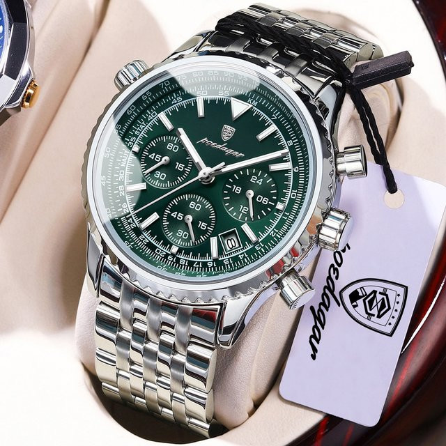 POEDAGAR Chronograph Herrenuhr, Quarz, Edelstahl, Silber, Grün, Datum - Bild 1