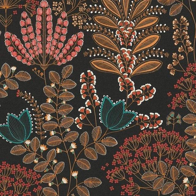 PROFHOME 393495-GU Blumen Tapete Floral in Schwarz, Orange-Rot, Blau und Weiß, Vlies, Breite: 0,53 m, Länge: 10,05 m - Bild 1