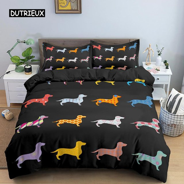 Bettwäsche-Set mit Dackel-Motiv von Binchi Outdoor Product, buntes Hundewelpen-Design aus Polyester, 3-teilig, B/H: 150 x 200 cm - Bild 1