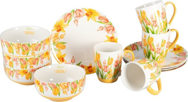 Genialo Porzellan-Kaffeeservice Tulpen, 12-teilig, Mehrfarbig (Weiß, Gelb, Orange) mit floralem Design - Bild 1