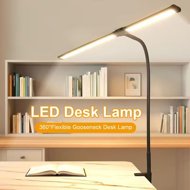 VENUSWING 2-Kopf LED Schreibtischlampe mit Clip, Weiß, USB-Betrieb, 5 Modi und 10 Helligkeitsstufen, verstellbarer Winkel mit Touch-Steuerung für Home Office und zum Lesen - Bild 1