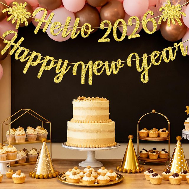 YOMDID Glitzer-Banner Hallo 2026 für deine Silvesterparty in Schwarz und Gold - Bild 1
